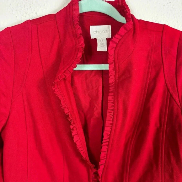 Chico’s  Carmine Red Ruffle Trim Ponte Blazer Jacket Stretch Pockets size S / 4 - Picture 3 of 13